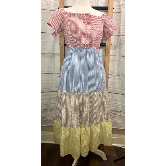 Urban Outfitters Seersucker Color Blocked Midi Dress Cottagecore Size XS - Picture 11 of 13